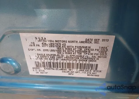 2014 Mitsubishi Outlander Sport Es from USA, damaged, VIN 4A4AR3AUXEE009563